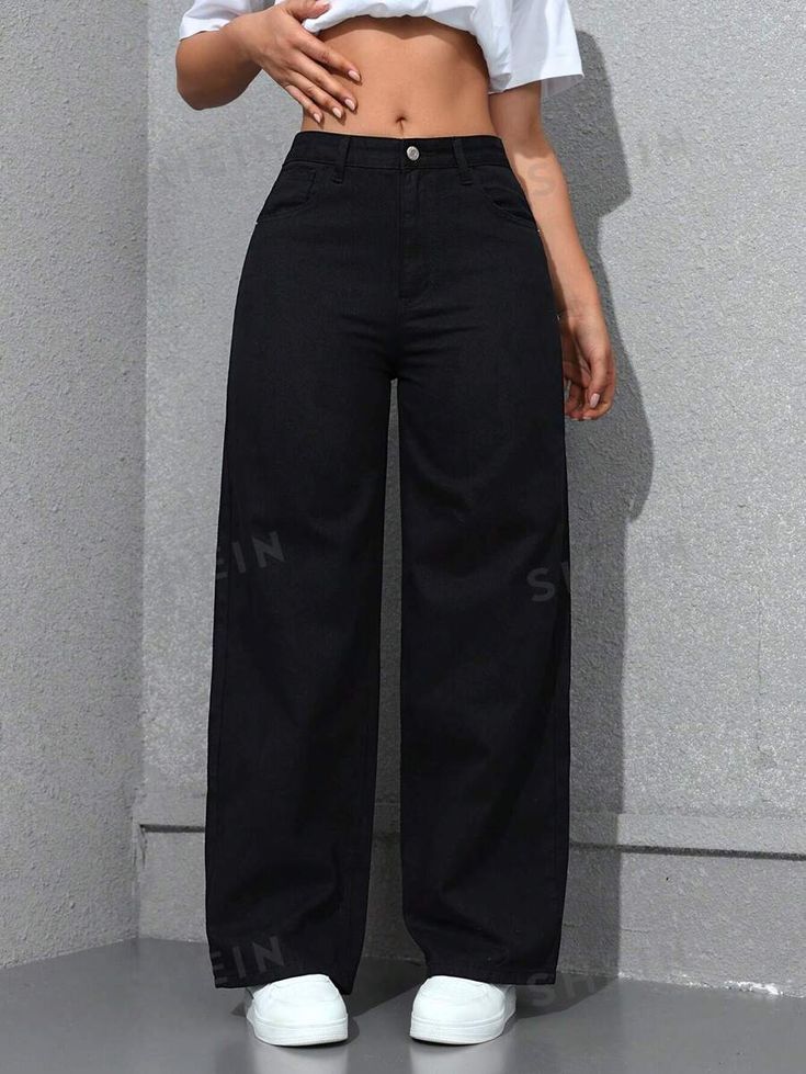 MANGO PURE BLACK HIGH WAISTED WIDE LEG JEANS
